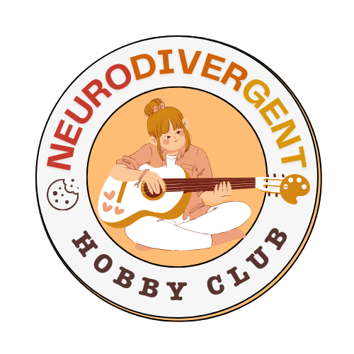 A circular badge with "Neurodivergent Hobby Club" written around the border. In the center is a feminine person sitting cross legged holding a guitar.